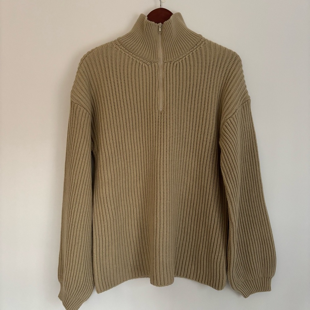 NA-KD | Tan Cozy Slouchy Oversized Neutral Chic Half Zip Knit Sweater | Size M - Picture 2 of 7